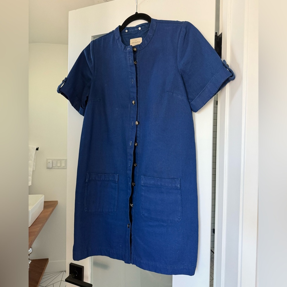 Sezane Denim Button-Down Mini Dress with removable lace collar